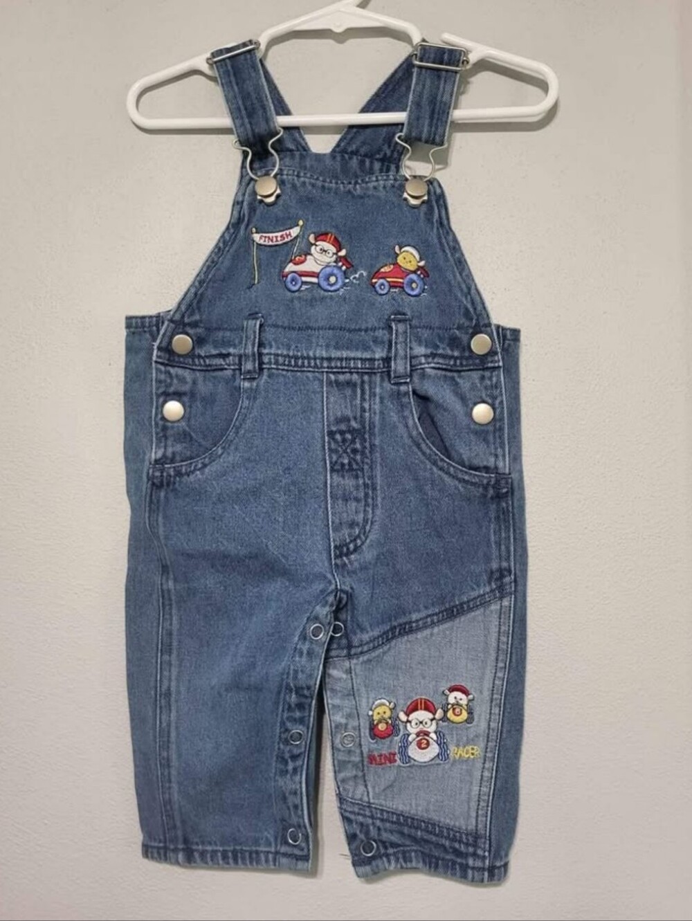 Vintage Buster Brown Blue Denim Racing Character Overalls Baby Boy's Size 6-9M